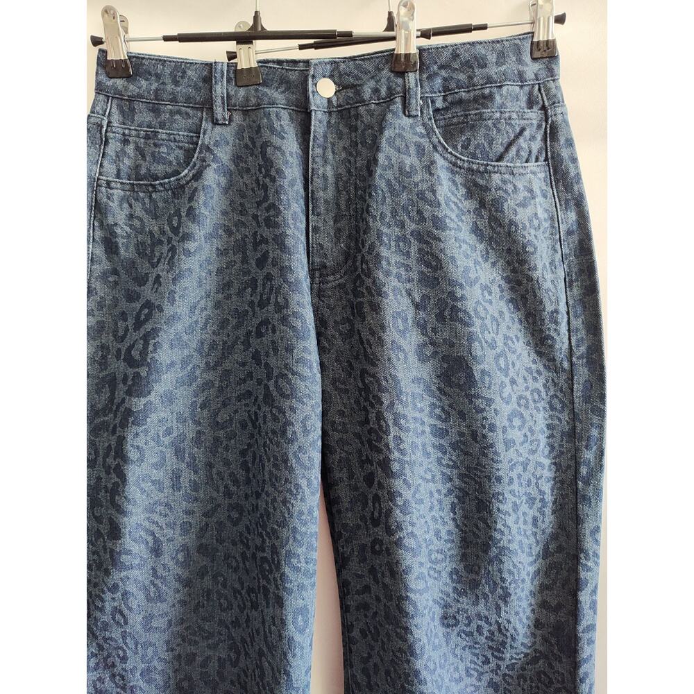 Leopard Print Patterned Blue Denim Y2K Bold High-Waisted Wide Leg Jeans L - Picture 2 of 11